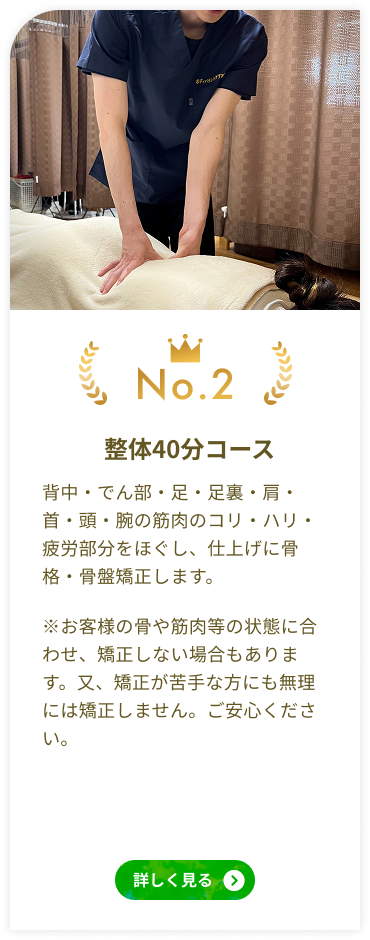 人気NO2 整体40分コース 背中・でん部・足・足裏・肩・首・頭・腕の筋肉のコリ・ハリ・疲労部分をほぐし、仕上げに骨格・骨盤矯正します。※お客様の骨や筋肉等の状態に合わせ、矯正しない場合もあります。又、矯正が苦手な方にも無理には矯正しません。ご安心ください。